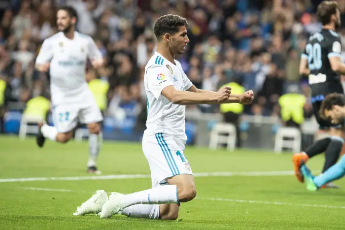 Real Madrid Achraf Hakimi celebrating a goal during La Liga match between Real Madrid and Celta de Vigo at Santiago Bernabeu Stadium in Madrid, Spain. May 12, 2018.