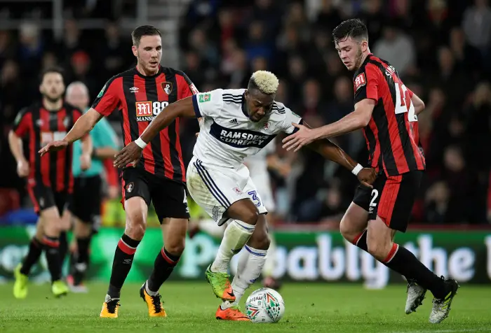 Soccer Football - Carabao Cup Fourth Round - AFC Bournemouth vs Middlesbrough - Vitality Stadium, Bournemouth, Britain - October 24, 2017   Middlesbrough's Adama Traore in action with Bournemouth's Dan Gosling and Jack Simpson