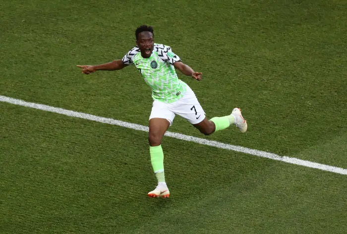 Soccer Football - World Cup - Group D - Nigeria vs Iceland - Volgograd Arena, Volgograd, Russia - June 22, 2018   Nigeria's Ahmed Musa celebrates scoring their first goal