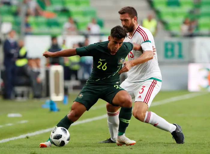 Soccer Football - International Friendly - Hungary vs Australia - Groupama Arena, Budapest, Hungary - June 9, 2018   Australia's Daniel Arzani in action with Hungary's Daniel Bode