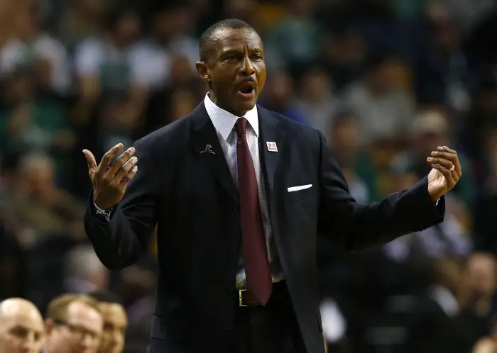 Feb 1, 2017; Boston, MA, USA; Toronto Raptors head coach Dwane Casey reacts to a call during the first quarter against the Boston Celtics at TD Garden.