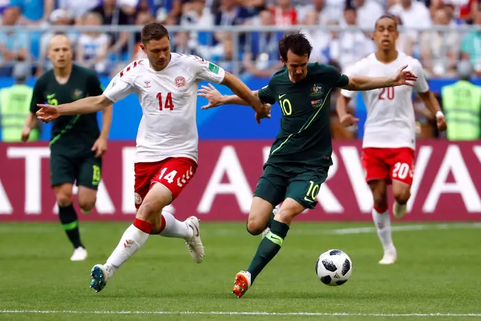 Soccer Football - World Cup - Group C - Denmark vs Australia - Samara Arena, Samara, Russia - June 21, 2018   Australia's Robbie Kruse in action with Denmark's Henrik Dalsgaard
