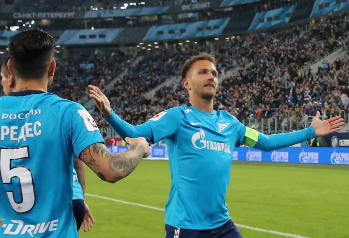 ST PETERSBURG, RUSSIA ñ APRIL 18, 2018: Zenit St Petersburg's Domenico Criscito (R) celebrates scoring against Dynamo Moscow in their 2017/2018 Russian Football Premier League Round 23 football match at Saint Petersburg Stadium.