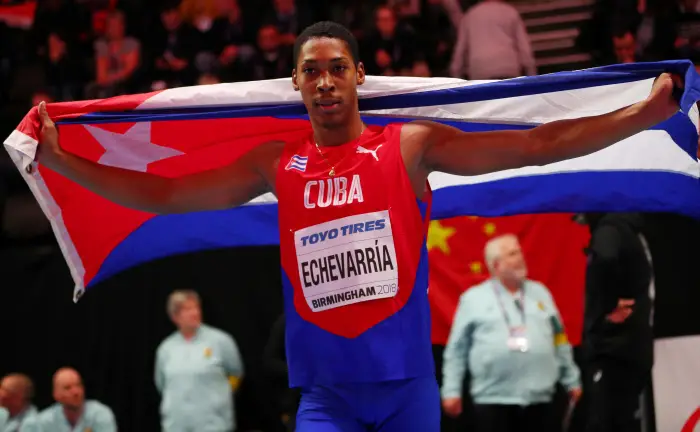 Athletics - IAAF World Indoor Championships 2018 - Arena Birmingham, Birmingham, Britain - March 2, 2018   Cuba's Juan Miguel Echevarria celebrates winning the Men's Long Jump