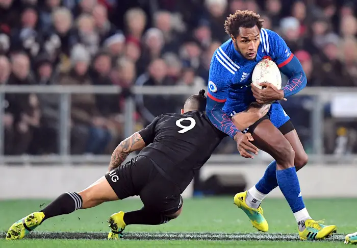 Rugby Union - June Internationals - New Zealand vs France - Forsyth Barr Stadium, Dunedin, New Zealand - June 23, 2018 - Benjamin Fall of France is tackled by Aaron Smith of New Zealand.
