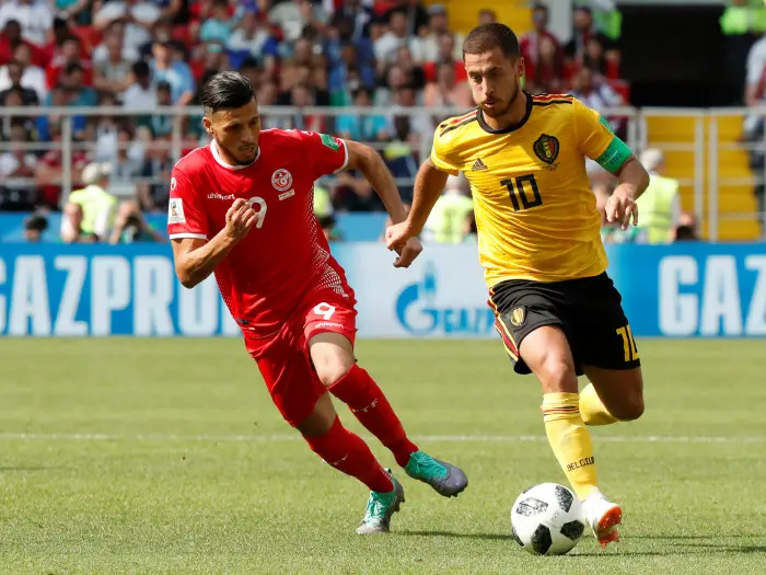 Soccer Football - World Cup - Group G - Belgium vs Tunisia - Spartak Stadium, Moscow, Russia - June 23, 2018   Belgium's Eden Hazard in action with Tunisia's Anice Badri