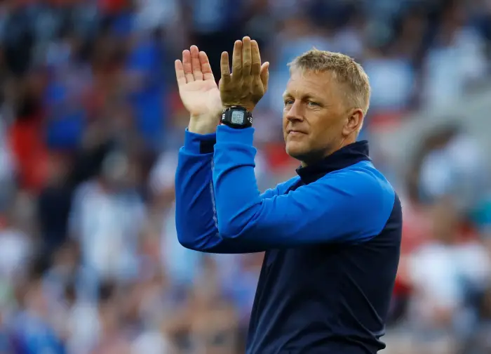 Soccer Football - World Cup - Group D - Argentina vs Iceland - Spartak Stadium, Moscow, Russia - June 16, 2018   Iceland coach Heimir Hallgrimsson  applauds fans after the match