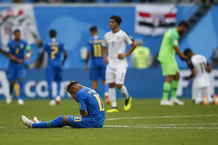 Neymar of Brazil in tears at the final whistle of the 2018 FIFA World Cup Group E match between Brazil and Costa Rica at Saint Petersburg Stadium on June 22nd 2018 in Saint Petersburg, Russia.