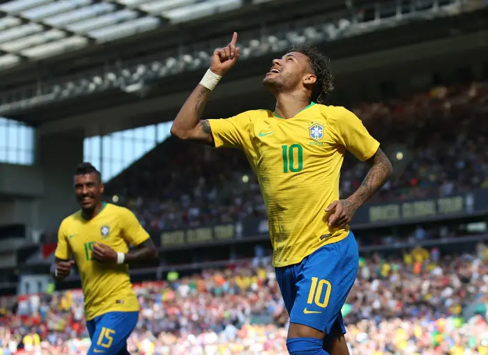 Neymar Junior of Brazil celebrates scoring the first goal