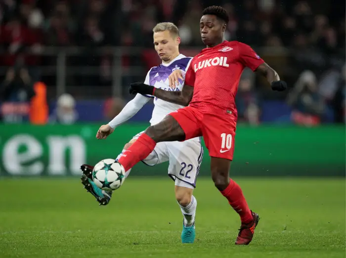 MOSCOW, RUSSIA - NOVEMBER 21, 2017: Maribor's Martin Milec (L) and Spartak Moscow's Quincy Promes