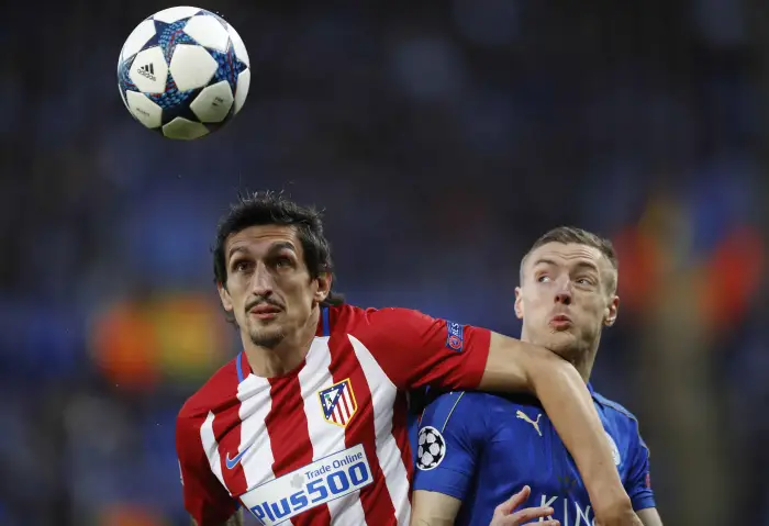 Britain Football Soccer - Leicester City v Atletico Madrid - UEFA Champions League Quarter Final Second Leg - King Power Stadium, Leicester, England - 18/4/17 Atletico Madrid's Stefan Savic in action with Leicester City's Jamie Vardy