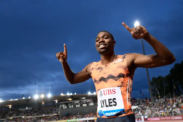 Noah Lyles of the US celebrates his victory in the Men's 200m race during the IAAF Diamond League athletics meeting Athletissima in Lausanne on July 5, 2018. / AFP PHOTO / Alain GROSCLAUDE