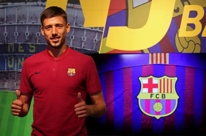 French soccer player Clement Lenglet poses in a FC Barcelona's shop next to Camp Nou stadium in Barcelona, Spain July 12, 2018.