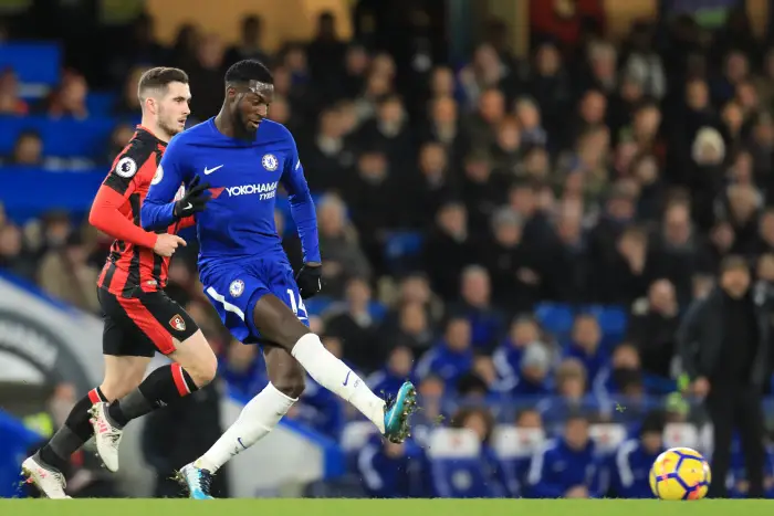 Tiemoue Bakayoko of Chelsea under pressure from Lewis Cook of Bournemouth