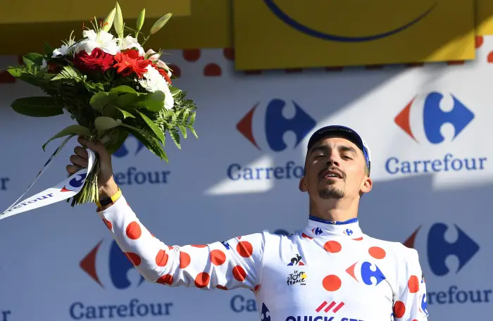 LE GRAND-BORNAND, FRANCE - JULY 17 : ALAPHILIPPE Julian (FRA) of Quick - Step Floors pictured during the podium ceremony of  stage 10 of the 105th edition of the 2018 Tour de France cycling race, a stage of 158.5 kms between Annecy and Le Grand-Bornand on July 17, 2018 in Le Grand-Bornand, France, 17/07/2018