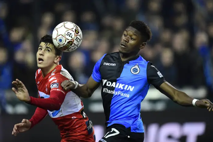 BRUGGE, BELGIUM - MARCH 3 : Anthony Limbombe forward of Club Brugge is fighting for the ball with Youcef Attal defender of KV Kortrijk during the Jupiler Pro League match between Club Brugge and KV Kortrijk at the Jan Breydel stadium on March 03, 2018 in Brugge, Belgium, 3/03/2018