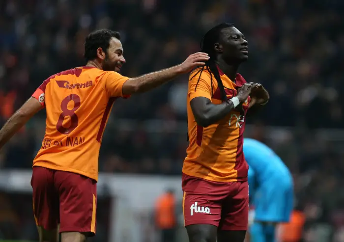 Selcuk Inan and Bafetimbi Gomis of Galatasaray  during the Turkish Superlig match between Galatasaray and Bursaspor at Turk Telekom Arena Stadium in Istanbul , Turkey on February 23 , 2018.
Final Scores : Galatasaray 5 - Bursaspor 0