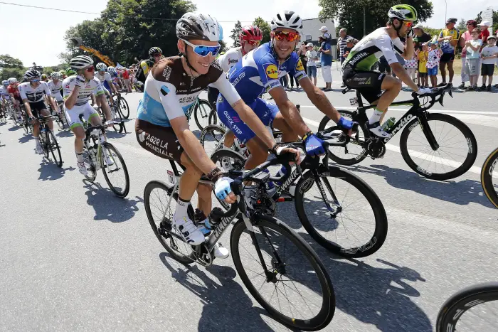 MUR-DE-BRETAGNE GUERLEDAN, FRANCE - JULY 12 : BARDET Romain of AG2R La Mondiale and GILBERT Philippe (BEL) of Quick - Step Floors during stage 6 of the 105th edition of the 2018 Tour de France cycling race, a stage of 181 kms between Brest and Mur-De-Bretagne Guerledan on July 12, 2018 in Mur-De-Bretagne Guerledan, France, 12/07/18