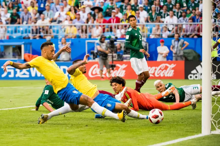 180702 Neymar of Brazil scores the 1-0 goal