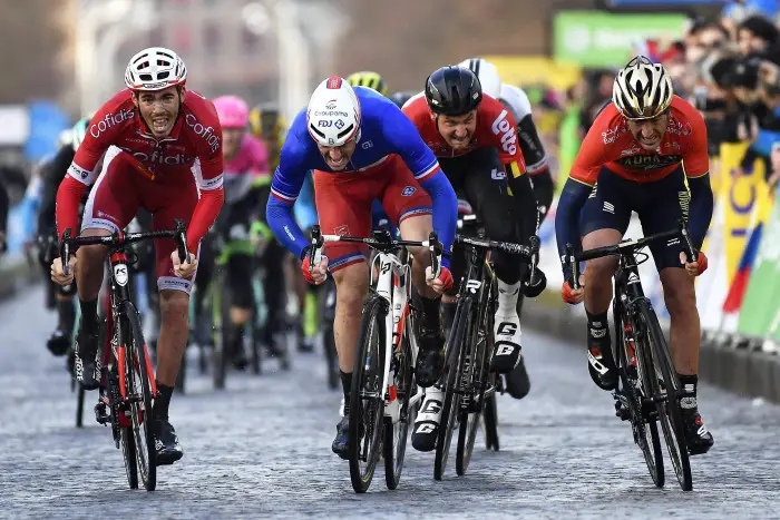 MEUDON, FRANCE - MARCH 4 : DEMARE Arnaud  (FRA)  of FDJ wins the sprint before IZAGIRRE INSAUSTI Gorka  (ESP)  of Bahrain - Merida, LAPORTE Christophe  (FRA)  of Cofidis, Solutions Credits and WELLENS Tim  (BEL)  of Lotto Soudal during stage 1 of the 2018 Paris - Nice cycling race from Chatou to Meudon (135km) on March 04, 2018 in Meudon, France, 4/03/2018
