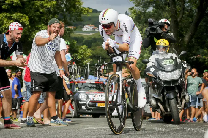 ESPELETTE, FRANCE - JULY 28 : DUMOULIN Tom (NED) of Team Sunweb during stage 20 of the 105th edition of the 2018 Tour de France cycling race, an individual time-trial stage of 31 kms between Saint-Pee-sur-Nivelle and Espelette on July 28, 2018 in Espelette, France, 28/07/18