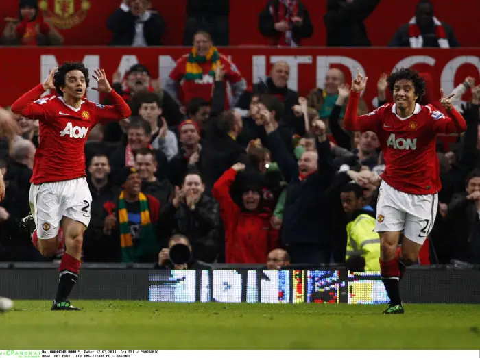 FOOT : CUP ANGLETERRE MU - ARSENAL

Fabio da Silva of Manchester United celebrates scoring the opening goal of the game (left) alongside his brother Rafael
--------------------
Matt West / BPI
FA Cup - Quarter Final
Manchester United v Arsenal
12 March 2011
Javier Garcia +447887794393
info@backpageimages.com
http://www.backpageimages.com