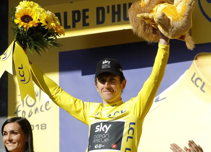 ALPE D'HUEZ, FRANCE - JULY 19 : THOMAS Geraint (GBR) of Team SKY pictured with the yellow jersey during the podium ceremony after  stage 12 of the 105th edition of the 2018 Tour de France cycling race, a stage of 175.5 kms between Bourg-Saint-Maurice Les Arcs and Alpe D'huez on July 19, 2018 in Alpe D'huez, France, 19/07/2018
