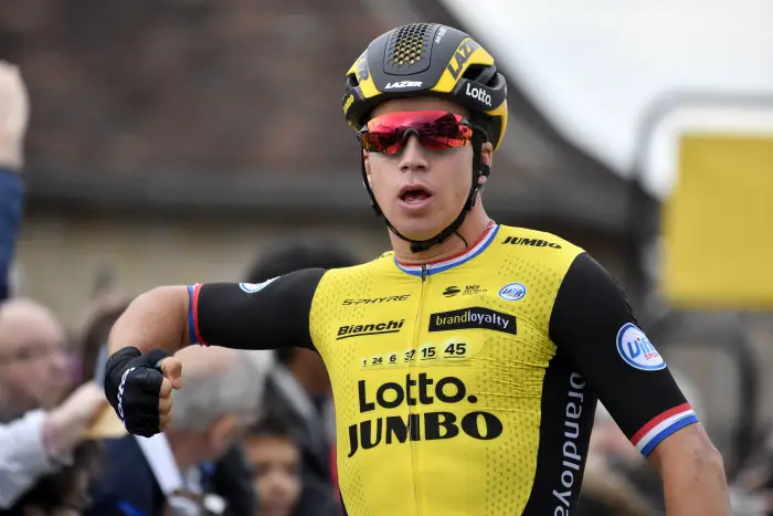 VIERZON, FRANCE - MARCH 5 : GROENEWEGEN Dylan  (NED)  of Team Lotto NL - Jumbo wins the sprint before VIVIANI Elia  (ITA)  of Quick - Step Floors and GREIPEL Andre  (GER)  of Lotto Soudal during stage 2 of the 2018 Paris - Nice cycling race from Orsonville to Vierzon (187,5km) on March 05, 2018 in Vierzon, France, 5/03/2018