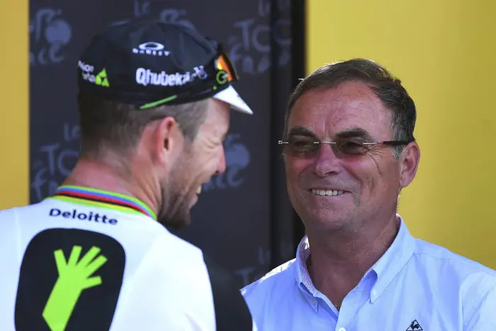 MONTAUBAN, FRANCE - JULY 07 : Bernard Hinault with CAVENDISH Mark (GBR) Rider of DIMENSION DATA during stage 6 of the 2016 Tour de France a 190 km stage between Arpajon-sur-Cere and Montauban, on July 07, 2016 in Montauban, France , 7/07/2016
