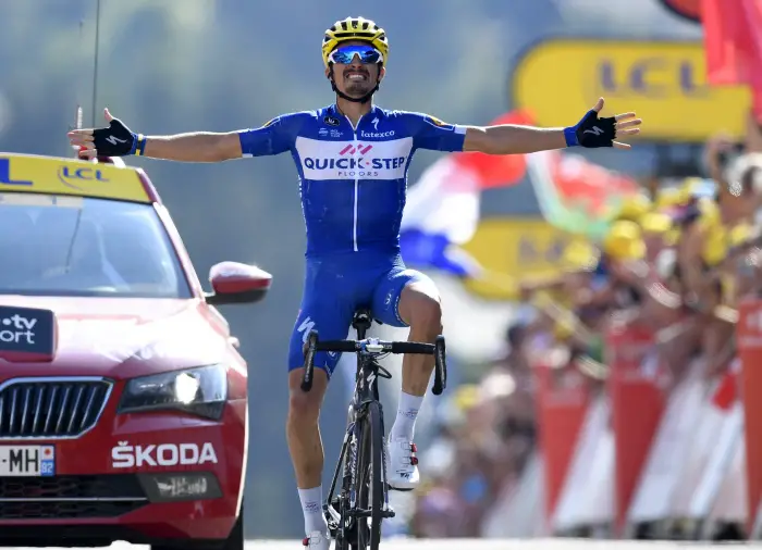 LE GRAND-BORNAND, FRANCE - JULY 17 : ALAPHILIPPE Julian (FRA) of Quick - Step Floors celebrates the win during stage 10 of the 105th edition of the 2018 Tour de France cycling race, a stage of 158.5 kms between Annecy and Le Grand-Bornand on July 17, 2018 in Le Grand-Bornand, France, 17/07/2018