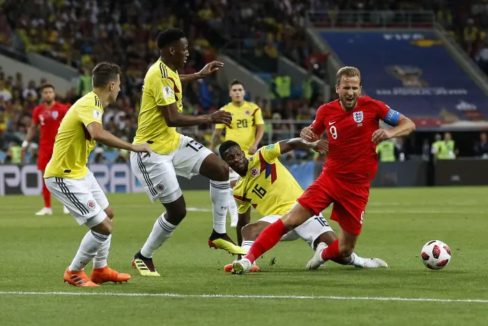 Harry Kane of England is fouled by Jefferson Lerma of Colombia for a free kick during the 2018 FIFA World Cup Round of 16 match between Colombia and England at Spartak Stadium on July 3rd 2018 in Moscow, Russia