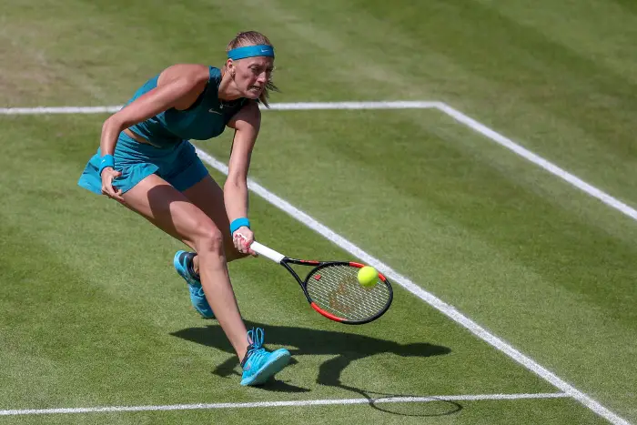 24th June 2018, Edgbaston Priory Club, Birmingham, England; Nature Valley Classic Tennis, singles final;  Petra Kvitova (CZE) hits a low forehand volley in her match against Magdalena Rybarikova (SVK)