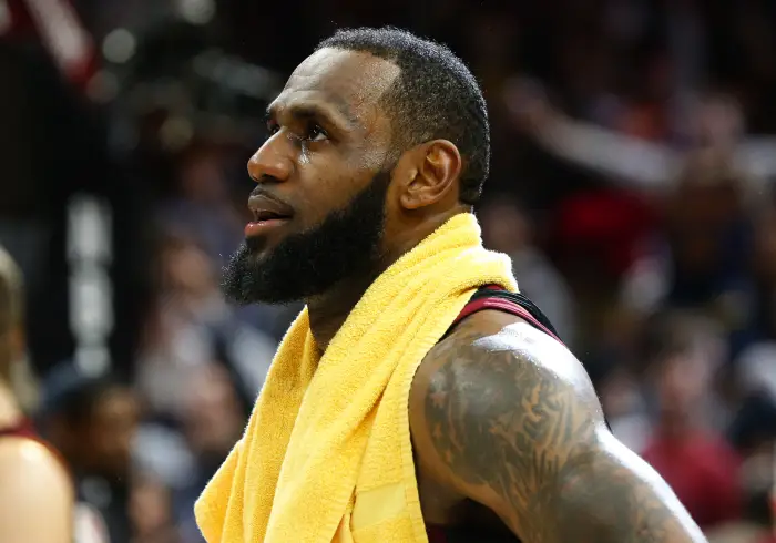 April 25, 2018 - Cleveland, OH, USA - Cleveland Cavaliers forward LeBron James is interviewed after scoring the game-winning 3-point shot against the Indiana Pacers in the fourth quarter of Game 5 of the first-round NBA playoff series on Wednesday, April 25, 2018, at Quicken Loans Arena in Cleveland. The Cleveland Cavaliers won, 98-95, for a 3-2 series lead.