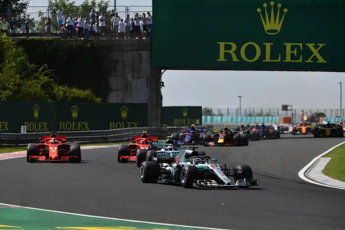 Lewis Hamilton (GBR) Mercedes-AMG F1 W09 EQ Power+ leads at the start of the race at Formula One World Championship, Rd12, Hungarian Grand Prix, Race, Hungaroring, Hungary, Sunday 29 July 2018.