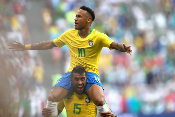 SAMARA, RUSSIA - JULY 2, 2018: Brazil Neymar celebrates winning their 2018 FIFA World Cup Round of 16 match against Mexico with a 2-0 score at Samara Arena Stadium.