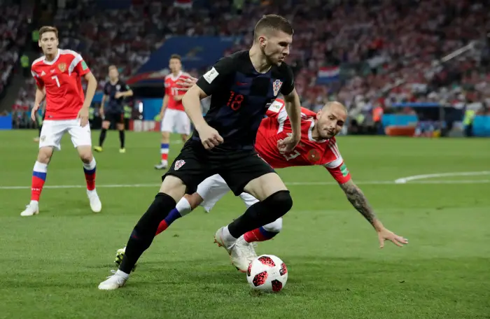 Croatia's Ante Rebic in action with Russia's Fyodor Kudryashov