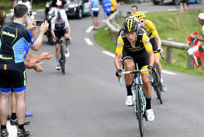LARUNS, FRANCE - JULY 27 : ROGLIC Primoz (SLO) of Team Lotto NL - Jumbo, THOMAS Geraint (GBR) of Team SKY, DUMOULIN Tom (NED) of Team Sunweb, FROOME Chris (GBR) of Team SKY  during stage 19 of the 105th edition of the 2018 Tour de France cycling race, a stage of 200,5 kms between Lourdes and Laruns on July 27, 2018 in Laruns, France, 27/07/18