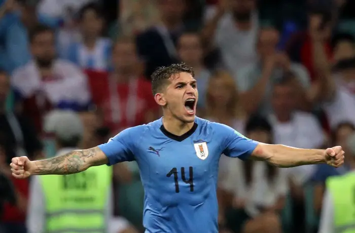 SOCHI, RUSSIA nÃÉ JUNE 30, 2018: Uruguay's Lucas Torreira reacts after winning their 2018 FIFA World Cup Round of 16 football match against Portugal at Fisht Stadium. Team Uruguay won the game 2:1.