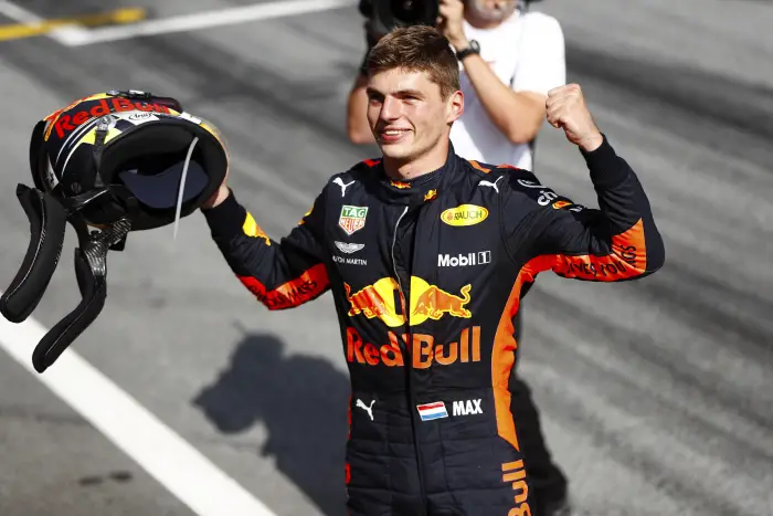 Max Verstappen, Red Bull Racing, celebrates victory.