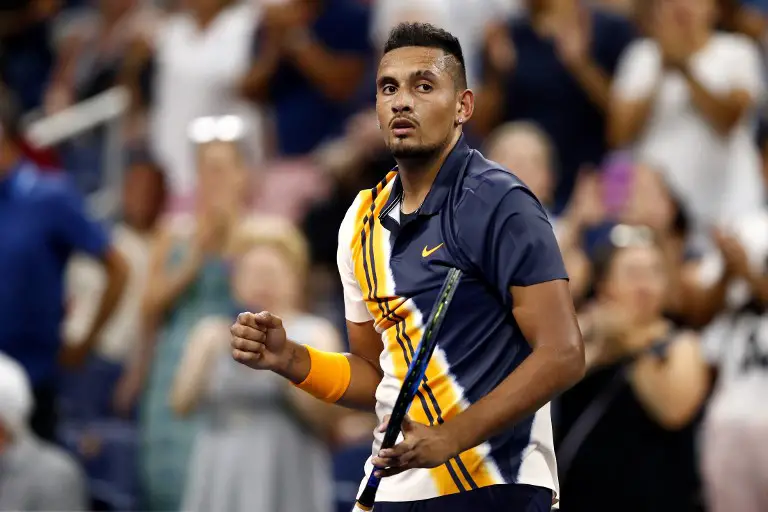 NEW YORK, NY - AUGUST 28: Nick Kyrgios of Australia celebrates victory during his men's singles first round match against Radu Albot of Moldova on Day Two of the 2018 US Open at the USTA Billie Jean King National Tennis Center on August 28, 2018 in the Flushing neighborhood of the Queens borough of New York City.   Julian Finney/Getty Images/AFP