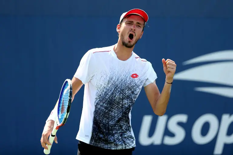 NEW YORK, NY - AUGUST 29: Daniil Medvedev of Russia reacts during his men's singles second round match against Stefanos Tsitsipas of Greece on Day Three of the 2018 US Open at the USTA Billie Jean King National Tennis Center on August 29, 2018 in the Flushing neighborhood of the Queens borough of New York City.   Alex Pantling/Getty Images/AFP