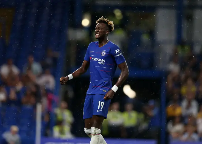 7th August 2018, Stamford Bridge, London,  England; Pre Season football friendly, Chelsea versus Lyon; Tammy Abraham of Chelsea reacting disappointed after his attempted header for goal from a cross goes wide