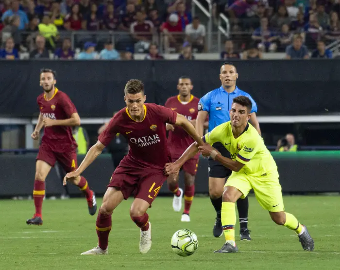 July 31, 2018 - Arlington, Texas, U.S.A - A.S. Roma player #14 íPATRIK SCHICKì out maneuvering FC Barcelona player.