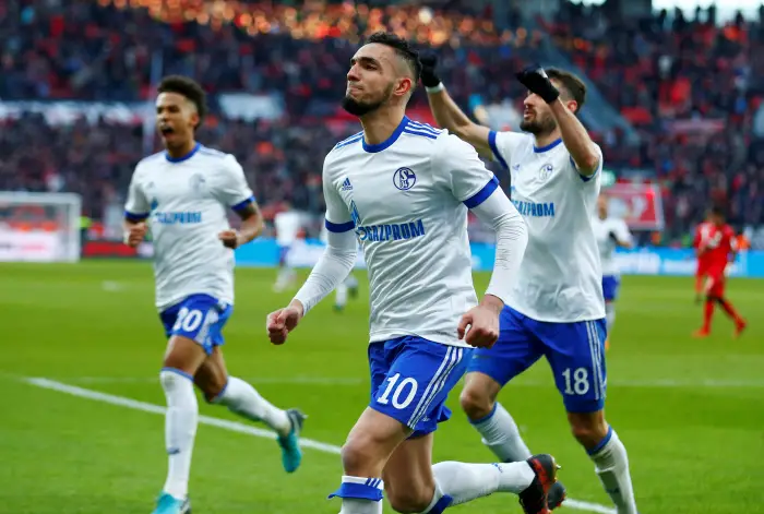 Soccer Football - Bundesliga - Bayer Leverkusen vs Schalke 04 - BayArena, Leverkusen, Germany - February 25, 2018   Schalke¹s Nabil Bentaleb celebrates scoring their second goal