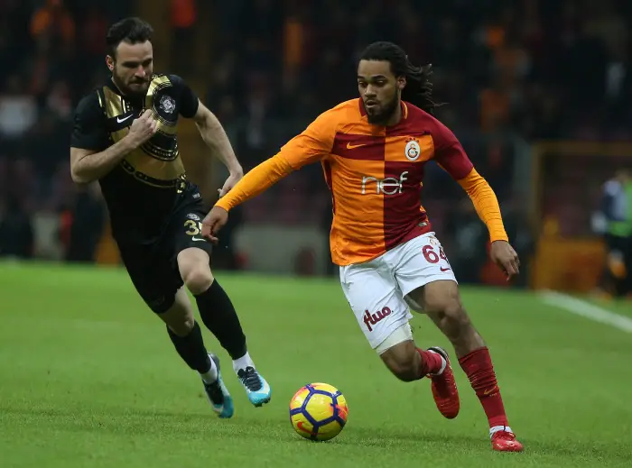 Jason Denayer (R) of Galatasaray and Musa Cagiran of Osmanlispor during the Turkish Superlig match between Galatasaray and Osmanlispor at Turk Telekom Arena Stadium in Istanbul , Turkey on January 27 , 2018.