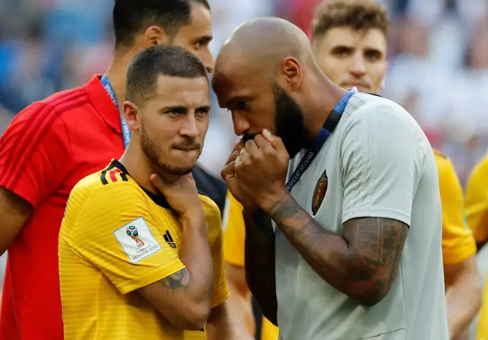 Soccer Football - World Cup - Third Place Play Off - Belgium v England - Saint Petersburg Stadium, Saint Petersburg, Russia - July 14, 2018  Belgium assistant coach Thierry Henry and Eden Hazard after the match