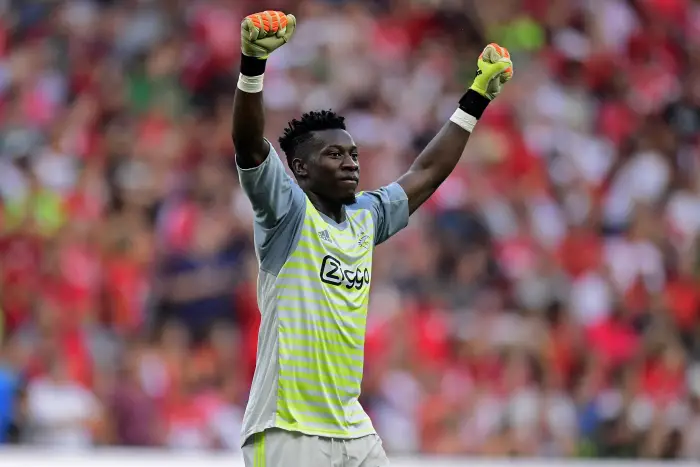 LIEGE, BELGIUM - AUGUST 7 : Andre Onana goalkeeper of Ajax celebrates during the UEFA Champions League Third qualifying round , 1st leg match between Standard Liege and Ajax at the Maurice Dufrasne stadium on August 07, 2018 in Liege, Belgium, 7/08/2018