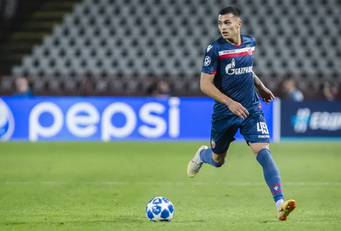 21st August 2018; Belgrade, Serbia; UEFA Champions League qualifier 1st leg, Red Star Belgrade versus Red Bull Salzburg; Nemanja Radonjic of Red Star Belgrade comes forward on the ball