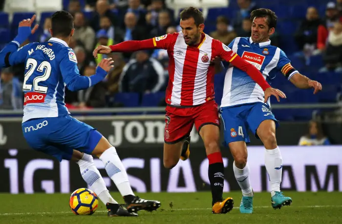 Christian Stuani, Victor Sanchez and Mario Hermoso during the match between RCD Espanyol v Girona FC, corresponding to Liga match, on December 11, 2017.