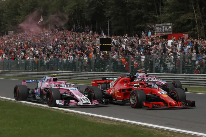 (L to R): Esteban Ocon, Racing Point Force India VJM11, Sebastian Vettel, Ferrari SF71H, Lewis Hamilton, Mercedes AMG F1 W09 and Sergio Perez, Racing Point Force India VJM11 on lap 1 at Formula One World Championship, Rd13, Belgian Grand Prix, Race, Spa Francorchamps, Belgium, Sunday 26 August 2018.